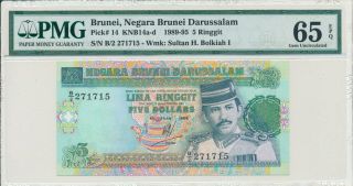 Negara Brunei Darussalam Brunei 5 Ringgit 1989 S/no X71715 Pmg 65epq