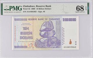 Zimbabwe 10 Billion Dollars 2008 P 85 Gem Unc Pmg 68 Epq Top Pop