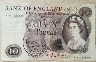 10 Pound Note,  Bank Of England,  Series C,  Elizabeth Ii,  British Pounds,  1964