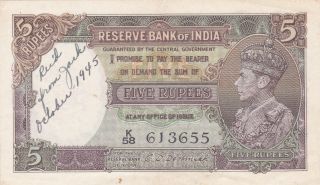 5 Rupees Vf Banknote From British Government Of India 1937 Pick - 18 Rare