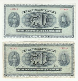 Denmark 2x50 Kroner 1970 Replacement Circ.  Different Signatures @
