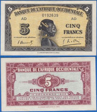 French West Africa 1942 5 Francs Letter Ad P - 28a Gem Unc -