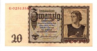 1939 Germany 20 Mark Banknote 20 Reichsmark Ww2 Reichsbank Pick 185 High - Grade