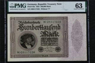 1923 Germany Republic Treasury Note 100000 Mark Pick 83a Pmg 63 Choice Unc