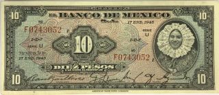 Mexico Banknote 10 Pesos 17 De Enero De 1945 Tehuana Serie Number U F0743052