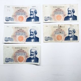 Five (5) Banca D’italia Italy 1,  000 Lire Banknote 1962 G.  Verdi