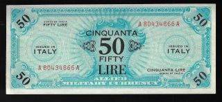 Italy 50 Lire Series 1943 A Block A Wwii Issue Pic M20a Unc