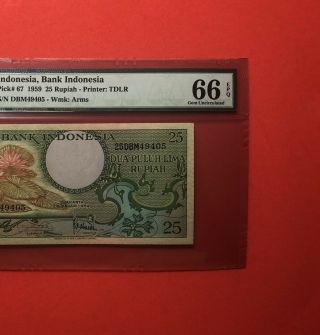 1959 - Indonesia 25 Rupiah Note,  Graded By Pmg Gem Unc 66 Epq.