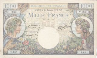 1000 Francs Vg - Fine Banknote From France 1940 Pick - 96