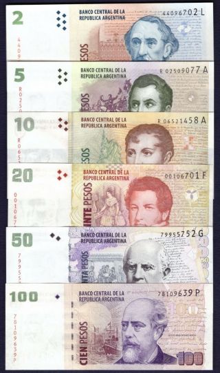 Argentina Set 2 5 10 20 50 100 Pesos 2002/16 P352/3 /4 /5/6/7 (2 Replacements)