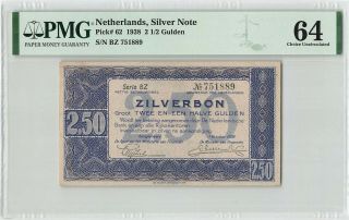 Netherlands 2½ Gulden 1938 Silver Note Pick 62 Pmg Choice Uncirculated 64