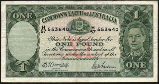1942 Australia £1 Pound Banknote H/57 553640 F,  P - 26b