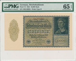 Reichsbanknote Germany 10000 Mark 1922 Pmg 65epq