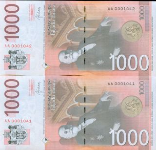 Serbia - 2 X 1000 Dinara Issue 2014 - Number Aa 0001041 - 0001042 - Unc