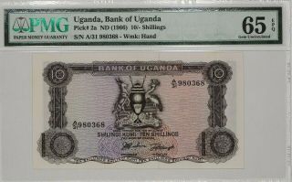1966 Bank Of Uganda 10 Shillings Pmg 65 Gem Uncirculated Pick 2a Epq (046)