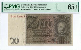 Germany 20 Reichsmark P181a 1929 Pmg 65 Epq S/n L31329182