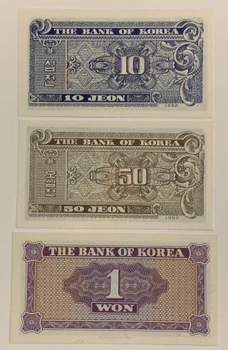 1962 10 Jeon & 50 Jeon & 1 Won Unc Crisp Bank Of Korea 3 Notes