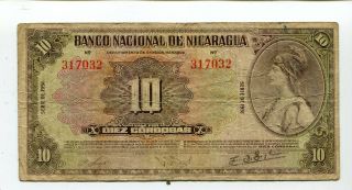 Nicaragua 10 Cordobas 1951 F/vf Nr 9.  95