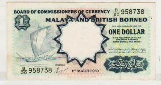 Malay And British Borneo 1959 One $1 Dollar Note In A Crisp,  Grade.