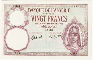 Algeria - French,  20 Francs Banknote 5 - 1 - 1942 Extra Fine/choice Very Fine Pick 78 - C