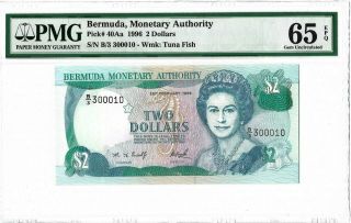 Bermuda $2 Dollars 1996,  P - 40aa,  S/n B/3 300010,  Pmg 65 Epq,  Gem Unc,  Qeii Type
