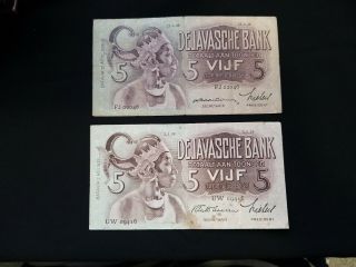 2 Netherlands Indies Javasche Bank 5 Gulden 1939 & 1936 2 Different Signature