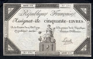 50 Livres Assignat From France 1792 Crispy Vg/fine