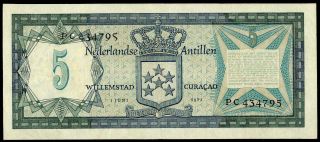 NETHERLANDS ANTILLES 5 GULDEN 1972 CURACAO PICK 8b VF,  /XF.  RARE BANKNOTE 2