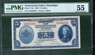 Netherland Indies P113 1943 5 Gulden Pmg 55 Rare