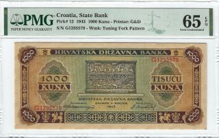 P - 12 1943 1000 Kuna,  Croatia State Bank Bank,  Pmg 65epq Gem