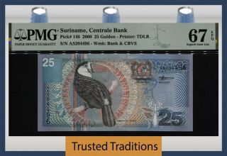 Tt Pk 148 2000 Suriname Centrale Bank 25 Gulden Toucan Pmg 67 Epq Gem