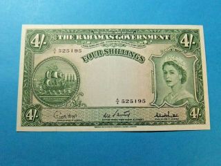 1953 Bahamas 4 Shillings Bank Note - Vf25 - Pressed/rip
