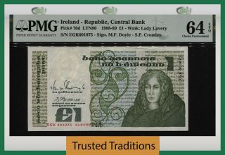 Tt Pk 70d 1988 - 89 Ireland Republic Central Bank 1 Pound Queen Medb Pmg 64 Epq