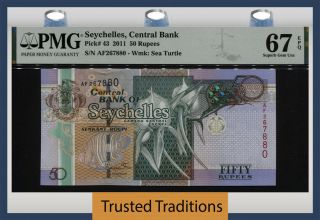 Tt Pk 43 2011 Seychelles Central Bank 50 Rupees Pmg 67 Epq Gem Unc