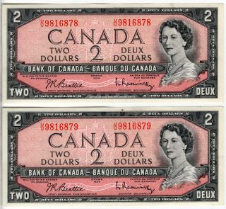 Bank Of Canada 1954 $2 Two Dollars Consecutive Pair Beattie - Rasminsky U/u Unc