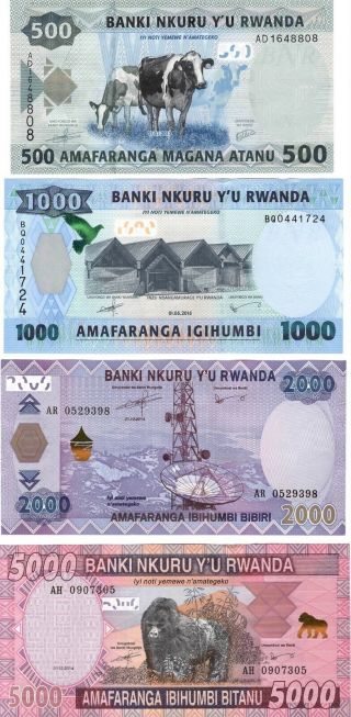 Rwanda Set 500,  1000,  2000,  5000 Francs (2013 - 15) P - 38 P - 39 P - 40 P - 41 Unc
