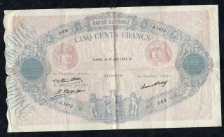 500 Francs Bleu Et Rose 1932 Crispy Good/vg