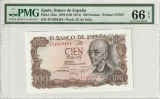 Spain 1970 100 Pesetas Pmg Certified Banknote Unc 66 Epq Gem Pick 152a