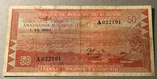 Burundi - 50 Francs 1.  10.  1964 P 11b F/vf Circulated
