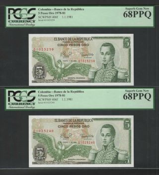 Colombia 2 Notes 5 Pesos Oro 1 - 10 - 1978 P406f Uncirculated Graded 68