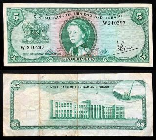 1964 27c $5 Trinidad And Tobago Qeii Banknote.  Signed Bruce.  V Fine