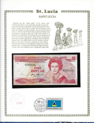 East Caribbean Banknote 1 Dollar 1988 P 21l Unc W/fdi Un Flag Stamp St.  Lucia