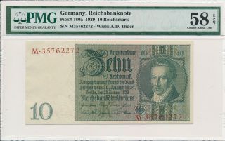 Reichsbanknote Germany 10 Reichsmark 1929 S/no Xx7x2272 Pmg 58epq