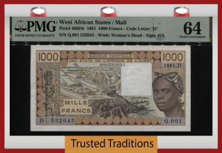 Tt Pk 406db 1981 West African States / Mali 1000 Francs Pmg 64 Choice Unc