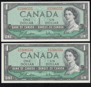 2 Consecutive 1954 Bank Of Canada $1 Cool Serials - Bc - 37b S/n: X/n550555 - 556