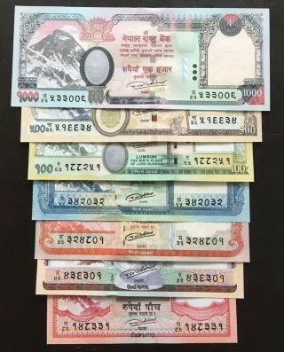 Nepal 2016 - 2017 Complete Set Of 7 Rs 5 - 1000 Everest Banknote P - 75 - 81 Sign 20 Unc