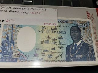 Central African Republic 1000 Francs P - 16 (1990) Ef,  2 Pinholes Left Side.