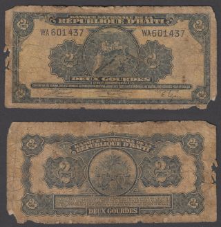 Haiti 2 Gourdes L.  1919 (g - Vg) Banknote P - 175 Prefix " Wa " Scarce