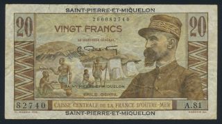 St.  Pierre Et Miquelon 20 Francs 1950 - 1960 Kp - 24 Banknote Fine L014664