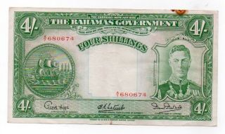 Bahamas Government 4 Shillings 1936 P - 9e King George Vi Note